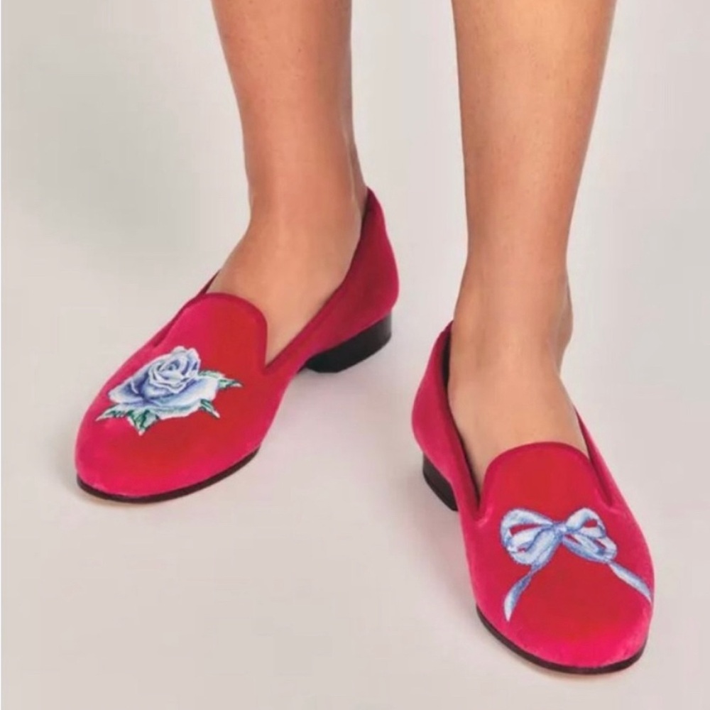 Loveshackfancy x Stubbs & Wootton rose bow fuchsia loafers